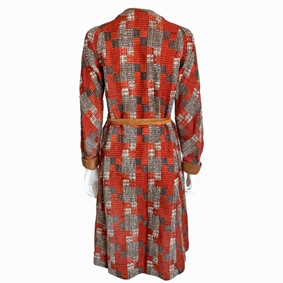Bonnie Cashin for Sills Coat Abstract Tweed Knit Suede Trim Tie Wrap Waist 60s - Picture 8 of 10